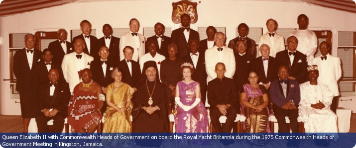 Queen Elizabeth II with Commonwealth Heads of Government on board the Royal Yacht Britannia during the 1975 Commonwealth Head of Government Meeting in Kingston, Jamaica.