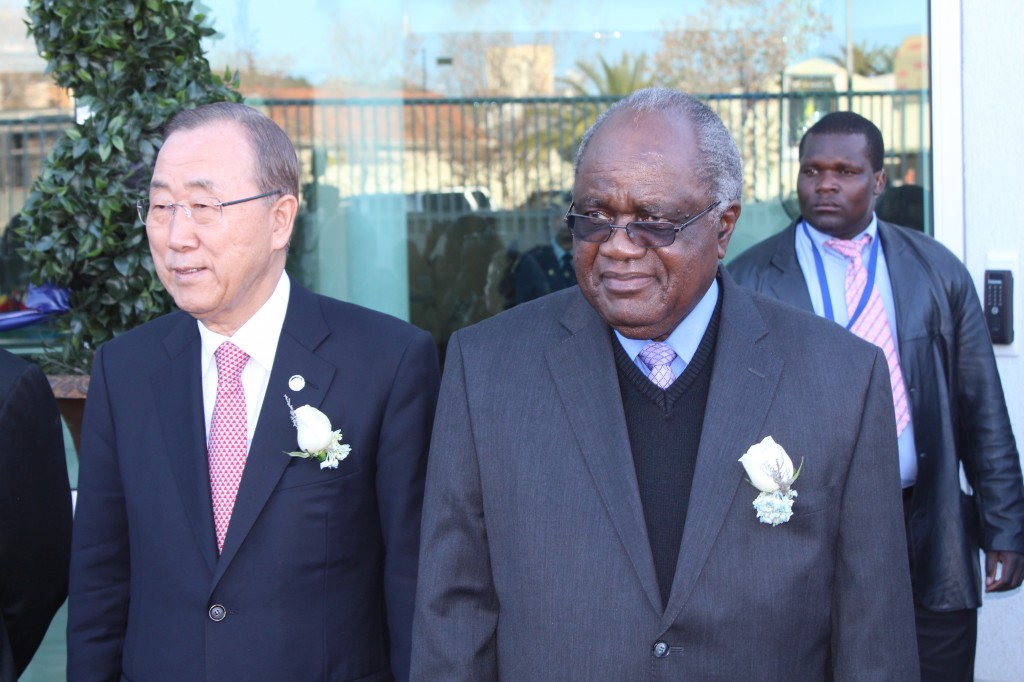 Former President H.E. Hifikepunye Pohamba, with UN Secretary-General H.E. Ban Ki-moon at the official opening of the UN House in Namibia in July 2014