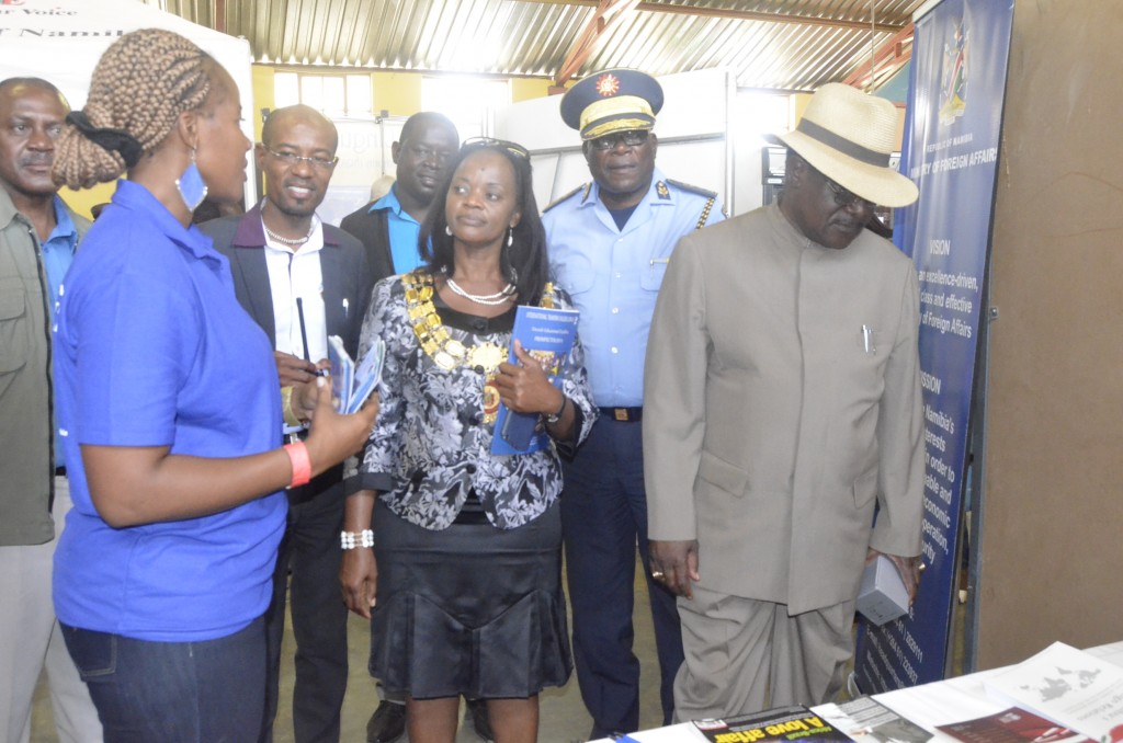 Ms Jacky Hindjou-Mafwila, (left) Chief PRO in the Ministry with the Mayor of Otjiwarongo Town, Ms Hilda Jesaja, Regional Commander of the Otjozondupa Region, Commissioner Joseph Anghuwo and the Regional Governor of the Otjozondjupa Region, Samuel Nuuyoma, during the Ministry’s participation in the north-central region of Namibia in its quest to enlighten Namibians about its operations